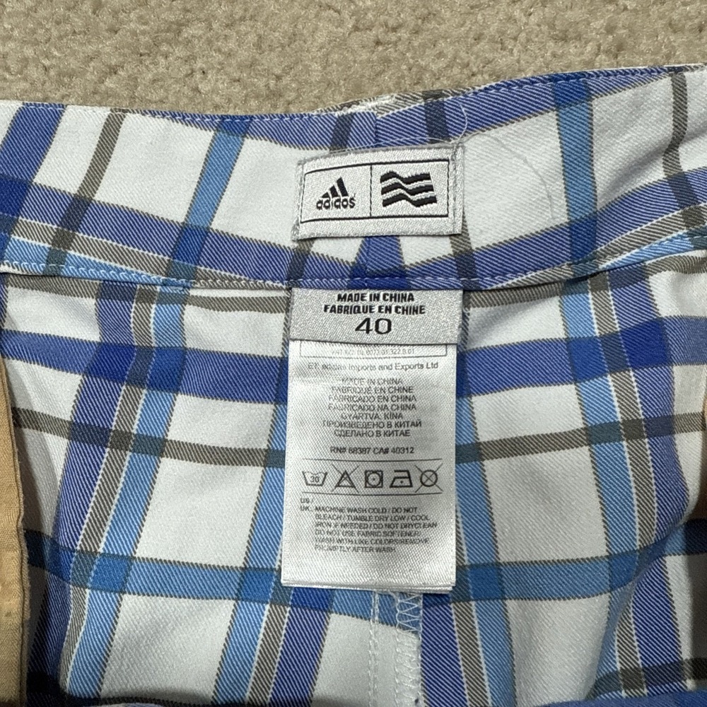 Adidas Shorts Mens Blue & White  Plaid Flat Front Golf Chino Casual. Size 40 - Picture 5 of 8